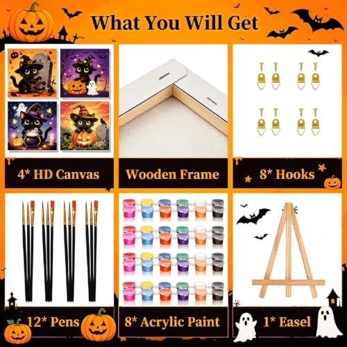 Arttoplus 4 Pack Halloween Paint by Numbers Kit for Kids with Frame, Black Cat Kids Paint by Numbers Ages 4-8-12 with Wooden Easel,Easy Oil Painting by Number for Gift Home Wall Decor(8x8 inch) - Image 6