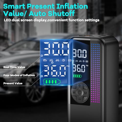Image of WEOLULI Tire Inflator Portable Air Compressor,150 PSI Cordless Air Pump, 12V DC Car Plug,Dual Power 10000mAh, Fast Inflation 24L /Min, 4 Preset Modes for Car, Bike, Motorcycle, Balls (Black, 10000mAh)