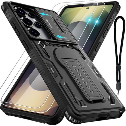 Iokmax for Samsung Galaxy S25 Ultra Case with 2*Screen Protector Slide Camera Cover Kickstand Lanyard Strap Military Grade Shockproof Protective Heavy Duty Non-Slip for S25 Ultra Case-6.9 Black