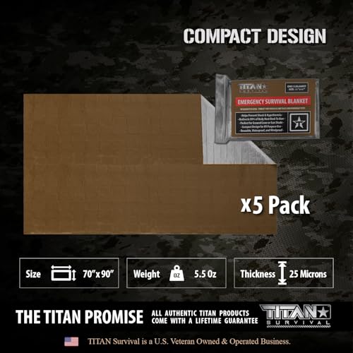 TITAN Survival XL Mylar Survival Blankets 5 Pack 70” x 90” - 90% Heat Retention & Waterproof Design - Emergency Blanket Cold Weather Protection & Survival Kits - Durable Space Blanket for Outdoor Use