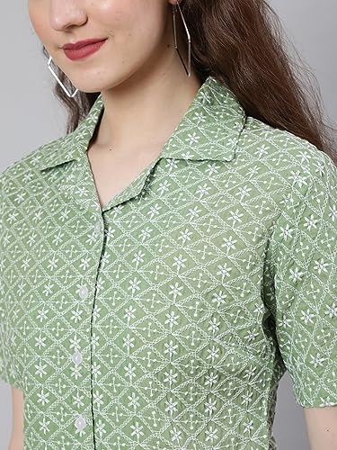 Image of Sea Green Floral Embroidered Cotton Shirt Style Crop Top