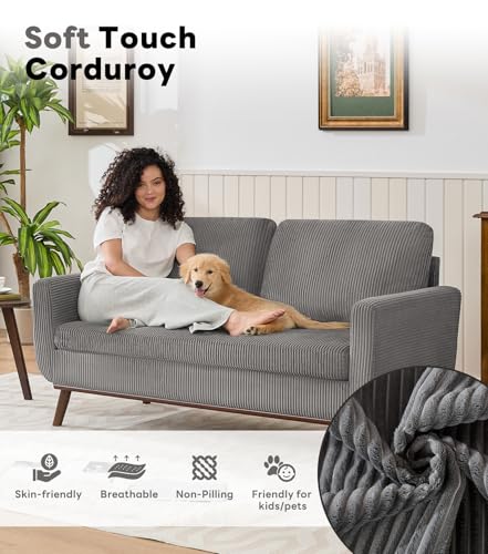 Image of Kingfun 65 inch Corduroy Love Seat with Spring Cusions, Mid Century Modern Loveseat Sofa for Livingroom & Bedroom, Comfy Upholstered Small Couch, Gray