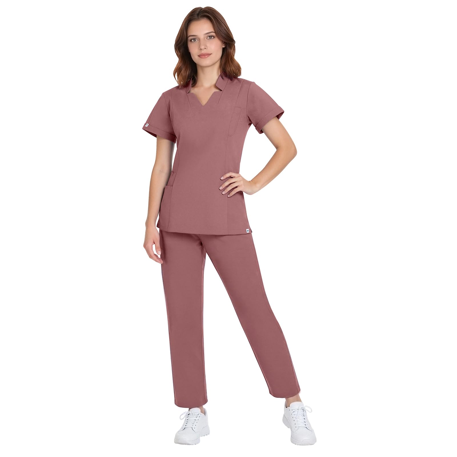 Set di scrub medico da donna, con scollo a V, a maniche corte, con elastico in vita, con coulisse, abbigliamento medico da lavoro con tasche multiple