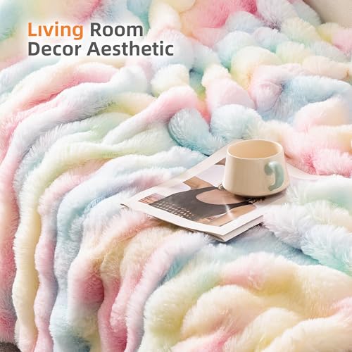 Smoofy Faux Fur Throw Blanket for Couch Rabbit Fleece - Rainbow Fluffy Blanket for Sofa Bedroom Living Room, Cozy Soft Plush Luxury Thick Winter Fuzzy Comfy Bubble Blanket - 50" x 60"