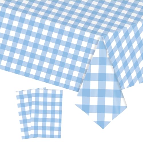 2 Pièces Nappe Plastique Rectangulaire à Carreaux,137*274cm Nappe de Table Bleu Clair Blanc Anti Tache Imperméables Extensible,Nappes Pvc pour Décoration...