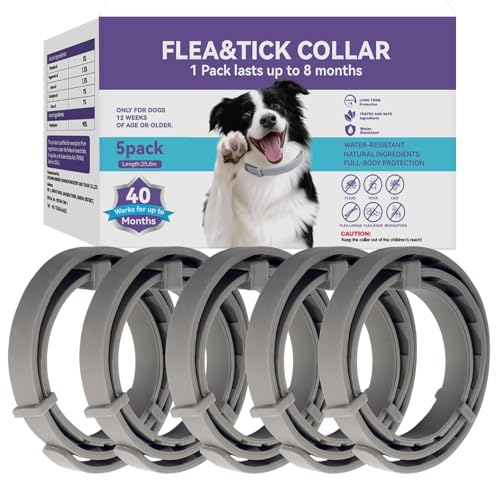 Wiiks&Wooks Flea and Tick Collar for Dogs, 5 Packs Flea Collar for Dogs for 40 Months Protection, Waterproof & Adjustable Flea and tick Prevention Collar for Small Medium Large Dogs & Puppies, Grey