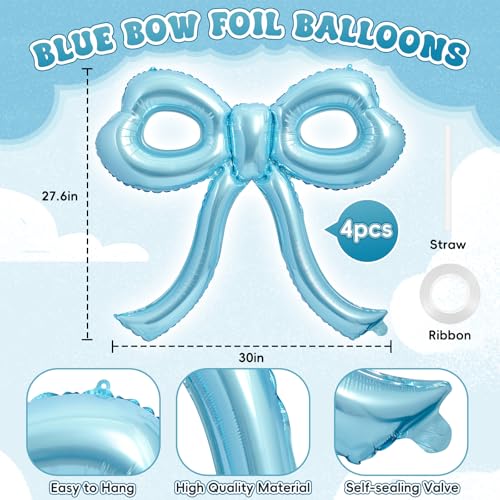Image of 4 Pcs Blue Bow Balloons Bow Birthday Party Decorations for Girl Women Bow Decor Blue Birthday Decorations Giant Light Blue Balloons for Baby Shower Bridal Bachelorette Party Supplies