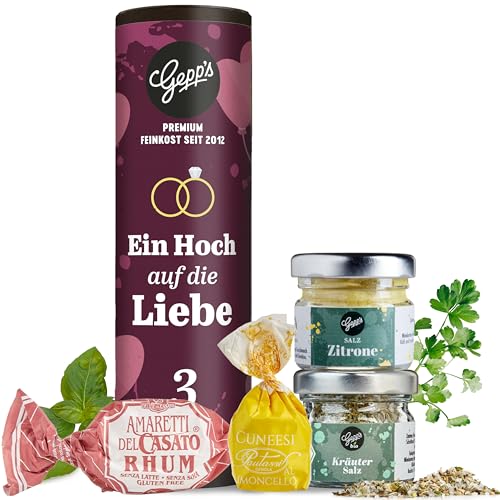 Gepp’s Feinkost Ein Hoch auf die Liebe I Hochzeitgeschenk für Gourmet-Brautpaar I Standesamt Geschenk mit Gewürzsalz & feinen Pralinen I Geschenkidee, auch als Geldgeschenk zur Hochzeit geeignet