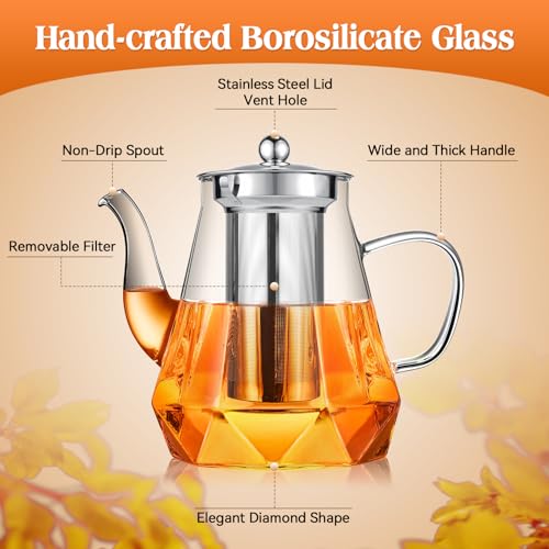 Glass Teapots with Infuser, STNTUS Tea Pot 1200ml, Clear Glass Teapot with Infuser for Loose Tea, Stovetop Safe Tea Pot with Stainless Steel Strainer for Blooming Tea, Tea Pots for 4-6 Cups - Image 2