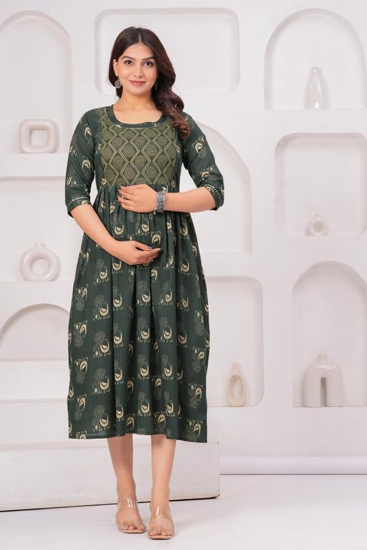 Image of Women Feeding Kurti for Women Cotton Maternity Kurta with Nursing Zip for Pre & Post Pregnancy