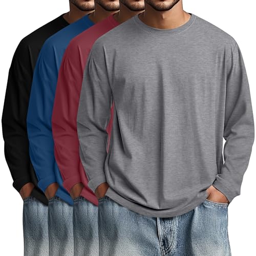 Image of August Alley 4 Pack Men's Big and Tall Cotton Shirts L-7XL, Long Sleeve Oversized Tops Loose Casual Large T-Shirts Basic Tee