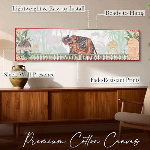 Image of Royal Indian Elephant Vastu Canvas Wall Art Painting For Living Room, Traditional Palace Scene Elephant Painting, Vintage Heritage Panoramic Garden Wall Art For Home & Office, 12x46 Inch