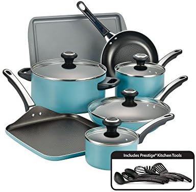 Farberware 21926 High Performance Nonstick Cookware Pots and Pans Set Dishwasher Safe, 17 Piece, Aqua