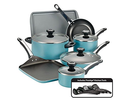 Farberware 21926 High Performance Nonstick Cookware Pots and Pans Set Dishwasher Safe, 17 Piece, Aqua