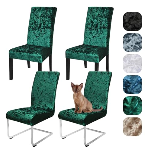 Alishomtll Samt Stuhlhussen 4er/6er Set Zerknitterter Samt Stretch Stuhlbezug Schwingstühle Elastische Hussen Abnehmbare Waschbarer Stühle Schutz für Esszimmer Party Bankett Hochzeit (Grün, 4 Stück)