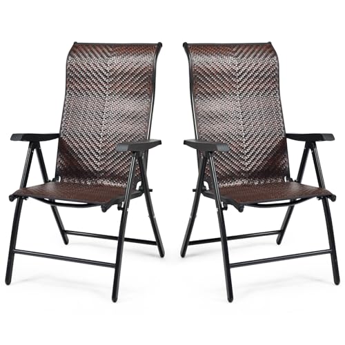 LIFEZEAL Silla de jardín Plegable de Ratán, Tumbona con Respaldo reclinable en 5 direcciones y reposabrazos, Estructura de Hierro, Capacidad de Carga 120 kg, para Piscina, terraza (2 Piezas)