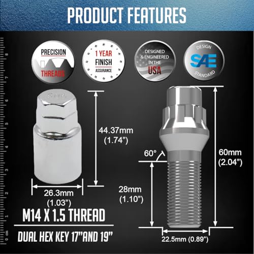 Image of Wheel Accessories Parts 4 Locks + Key M14 x 1.5 Thread Acorn Seat Lug Bolt Lock Chrome Finish 28mm Shank Length Dual Hex Key 17mm & 19mm fits BMW 7 Series E65 X3 E83, X5 E53 | Land Rover Range Rover