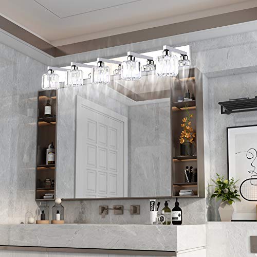 Image of Aipsun Crystal Bathroom Vanity Light Stainless Steel Modern Vanity Light 5 Lights Crystal Bathroom Vanity Light Fixtures (Exclude Bulb)