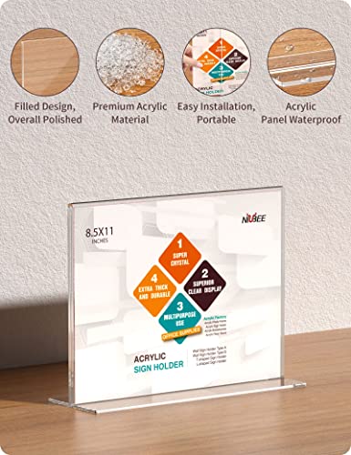 niubee acrylic sign holder 85x11 inches 3 pack horizontal t shape double sided clear frames plastic paper flyer display holder document menu table stand for office store -landscape