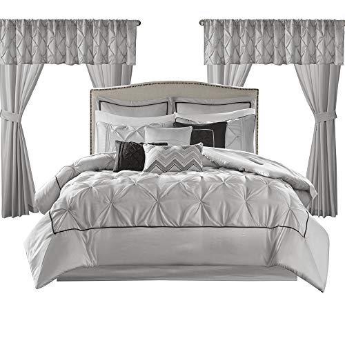 Image of Madison Park Essentials Room in a Bag Faux Silk Comforter Set - Luxe Diamond Tufting All Season Bedding, Matching Curtains, Decorative Pillows, Grey King(104 inchx92 inch) 24 Piece