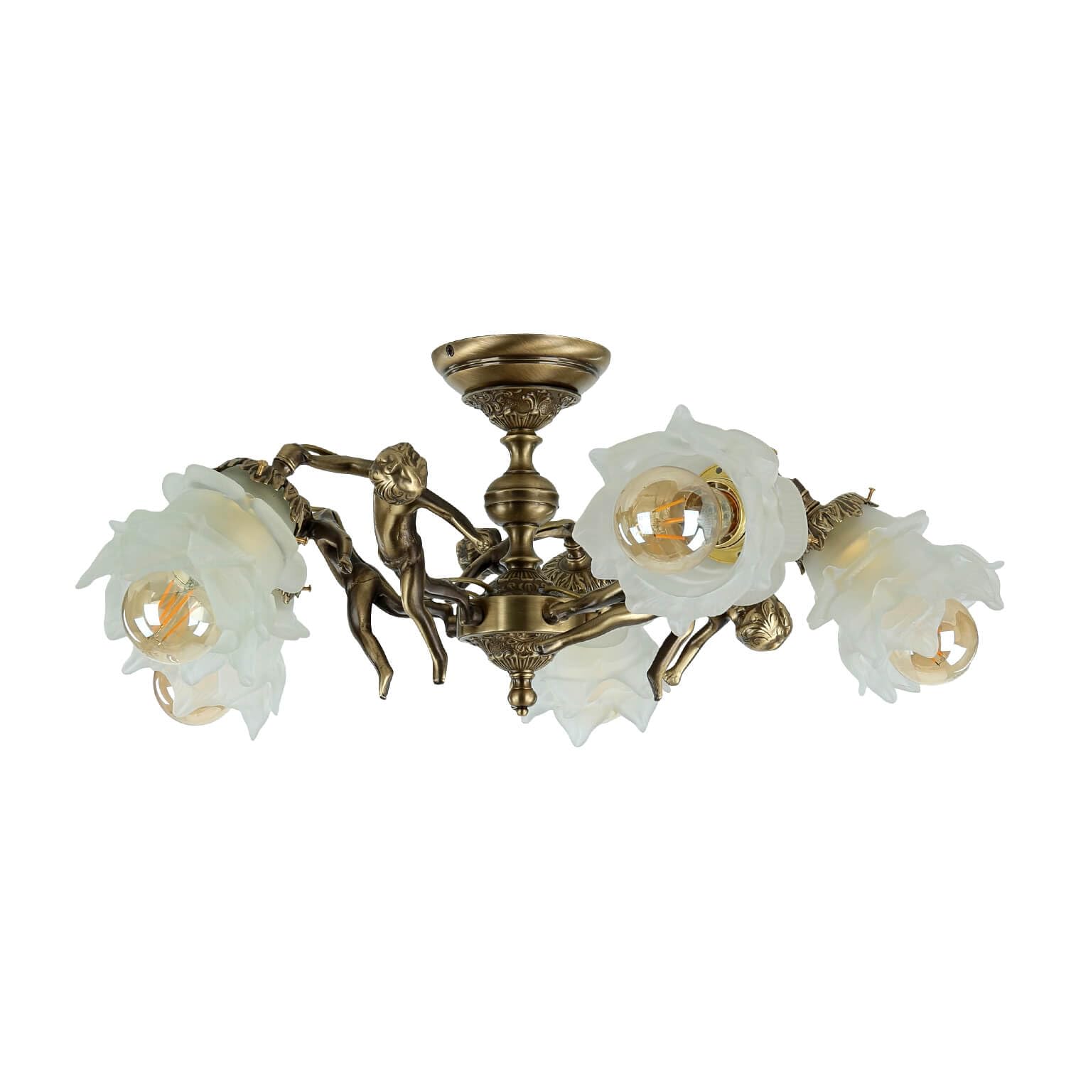 Deckenleuchte 'Elisett' Im Jugendstil – Rund, Messing Antik, Satinierter Glasschirm, 43 Cm, 3x E14, 3-flammig