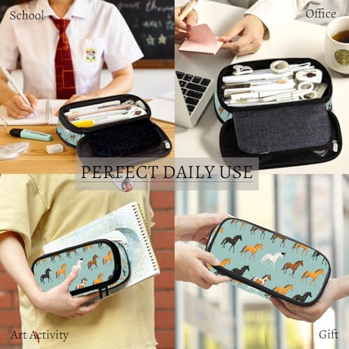 Image of Yekiua Horse Pencil Holder Cute Cartoon Pony Abstract Run Farm Mare Big Capacity Pencil Case Multi-Purpose Makeup Pouch For Office College Adult Colorful