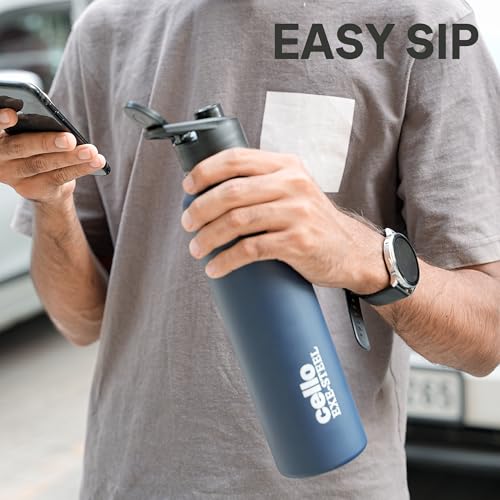 Image of CELLO Crysta Flip Stainless Steel Water Bottle 1000 ml, Navy Blue | Single Wall Freezer & Fridge Safe Lightweight Leakproof Flip lid Spillproof Rust Resistant Steel Water Bottle for School Gym Office