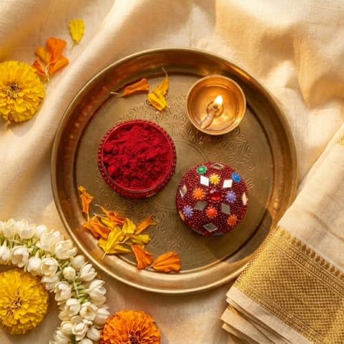 Image of Indian Dark Red Pure Kumkum Powder (Sindoor, Kumkuma, Kum Kum) For Makeup, Pooja And Other Hindu Rituals (Fancy Box 4)