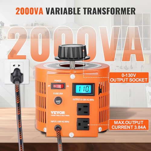vevor auto variable voltage transformer 2000va 153 amp 110v input 0-130v output ac voltage regulator with lcd display 4 extra fuses thermal control switch