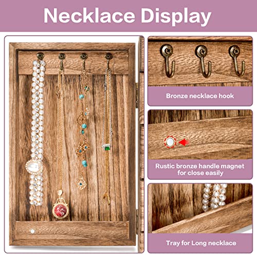 Meangood Jewelry Box Wood for Women, 5-Layer Large Organizer Box with Mirror & 4 Drawers for Rings, Earrings, Necklaces, Vintage Style, Torched Wood