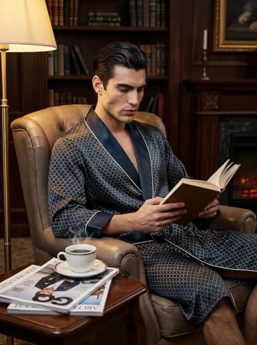 Image of Men's 100% Mulberry Silk Long Robe Kimono Paisley Print Bath Robe, Heavy Silk 19 Momme Dressing Gown