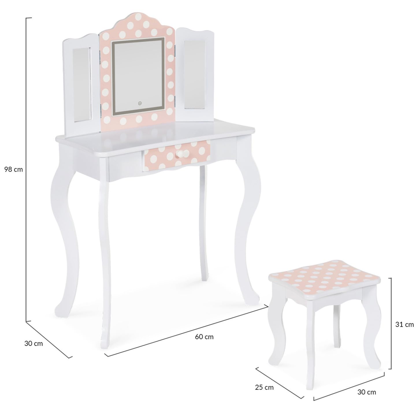 IDMarket - Coiffeuse Enfant Roza LED Blanche et Rose avec 3 miroirs et Tabouret