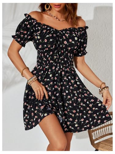 Image of Milumia Women's Floral Off Shoulder Puff Sleeve Short Dress Boho Frill Trim A Line Mini Dresses