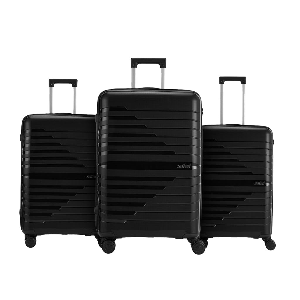 SafariOctane Recessed TSA Lock, 8 Wheels, Hardside (Cabin & Check-in) Polyproplyene Trolley Spinner Luggage Set of 3, Black Color 60Cm, 70Cm & 80Cm, Small, Medium, Large (Black)