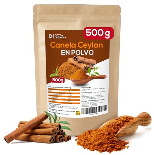 Detox Organica Canela Ceylan en Polvo 500g - Canela de Ceylan - Especia 100% Natural, Suavemente Secada y Molida - Vegana, Sin Aditivos - Ceylon Cinammon Puro - Empaquetado en Alemania