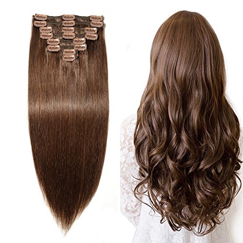 10''-22'' Clip in 100% Remy Human Hair Extensions Double Weft Grade 7A Quality Full Head Thick Long Soft Silky Straight 8pcs 18clips for Women Fashion (20" / 20 inch 150g , #4 medium brown)