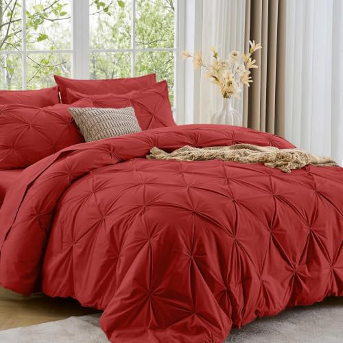 Image of Sasttie Full Size Comforter Set, 7-Piece Bed in a Bag Double, Pintuck Bedding Set for All Season, Includes Comforter, Flat Sheet, Fitted Sheet, Pillowcases and Pillowshams, Red