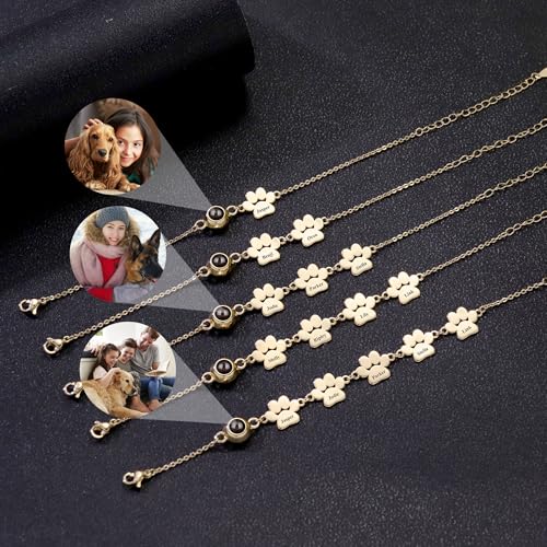 Pekdi Personalisiertes Armband mit Pfotenabdruck, Armband mit Bild Hund Katzen Pfoten Fotoanhänger gravierter Name 925er Sterlingsilber Schmuck zum Gedenken an Haustiere Geschenk zum Muttertag