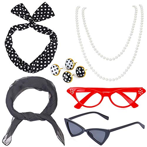 Beelittle Set di Accessori per Costume da Donna Anni '50 Sciarpa di Chiffon Pois Bandana Cravatta Orecchini a Fascia Retro Cat Eye Eglasses Collana di Perle (Nero)