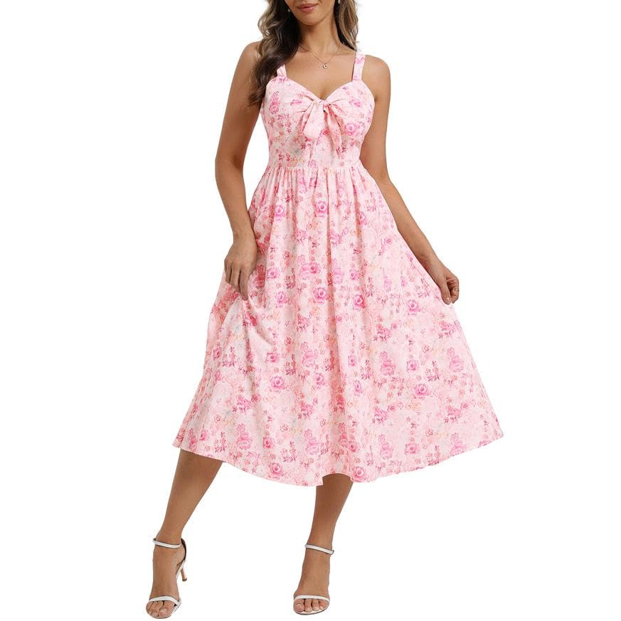 Belle Poque Vestido largo de flores para mujer, con lazos frontales, parte trasera fruncida, línea A, vestido de verano con tirantes delgados, Flores rosas., M