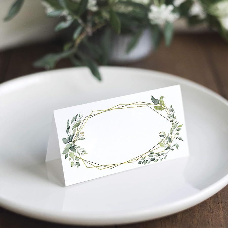 100 PCS Table Place Cards, Reception Seating Number Name Holder for Tableware Setting Wedding Birthday Dinner Party(Green Leaf D)