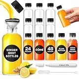 volila Wellness Shot Bottles – 24 opakowania imbirowych butelek z pokrywką, 60 ml – szczelne szklane butelki do shotów z pokrywkami jako butelki na sok, butelki do lodówki, inne – lejek, etykieta i
