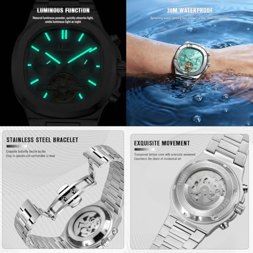 Image of FORSINING Automatic Mechanical Watch for Men, Classic Square Case, Tourbillon Dial, Multifunctional (Date /Week /Month) Business Casual Wristwatch with Stainless Steel Starp Waterproof Luminous