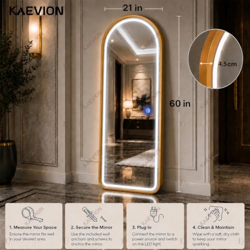 Image of 5 x 2 ft Arched Full-Length LED Mirror 5mm Glass, 3-in-1 Dimmable LED Light, Smart Touch Sensor, Gold Metal Frame Vanity Standing Mirror for Bedroom, Living Room & Dressing Room