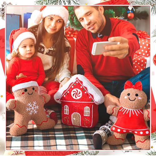 Image of Konohan 3 Pcs Christmas Gingerbread Pillows House Man Throw Pillows Stuffed Gingerbread Shaped Pillow for Christmas Party Outdoor Cushion Decorations (Red,Lovely Style)