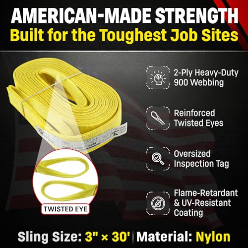DD Sling (USA Made). Multiple Sizes in Listing! 3" x 30', 2 Ply Twisted Eye, Nylon Lifting Slings, Eye & Eye, 8,900 lbs Vertical, 7,200 Choker, 17,800 Basket Load (3" x 30')