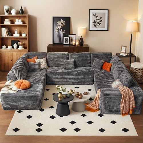 Image of HOOOWOOO Cloud Sectional Couches for Living Room,Modular Sectional Sofa No Assembly,136X108 Inch Plush Corduroy Large U Shaped Floor Couch Set with Deep Seat Ottoman(Gray)