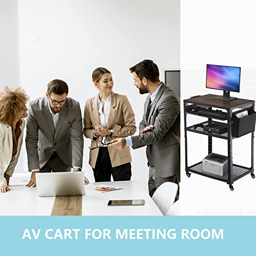 AV Cart with Keyboard Tray, Line Leader AV Cart, Presentation Cart Station, Wood Mobile Printer Cart, Height Adjustable Media Cart with Pullout Keyboard Tray for Office, Home & School