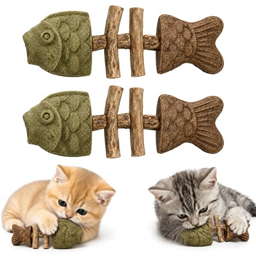 Qiieoev Catnip and Silvervine Chew Natural Fishbone Chew Toy for Cats Fishbone-Shaped Cat Dental Toy for Chewing Licking Pawing Boredom Relief & Enrichment for Cats (2 PCS Mixed Flavor)