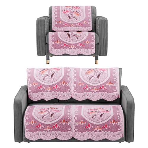 Image of Kuber Industries (Set of 6) Stylish & Durable Cotton Sofa Covers 2+1 Seater | Aesthetic Sofa Protector /Mat & Slipcover for Living Room & Office | Flower Design - White & Pink